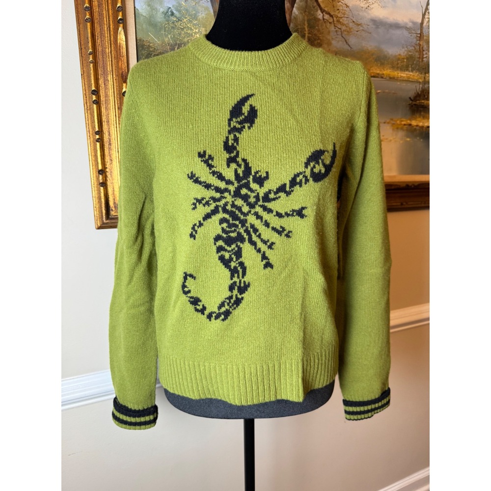 Lucky Brand Y2K 100% Lambswool Scorpion Crew Neck Sweater Green Chartreuse Sz L